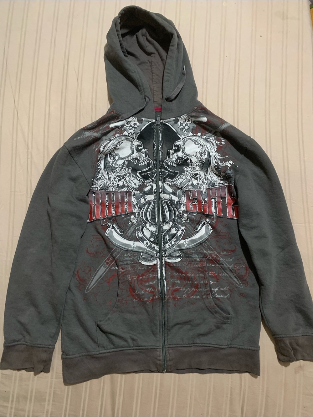 MMA ELITE y2k 2000s Men's Gray Graphic Zip-Up Hoodie with Red Accents